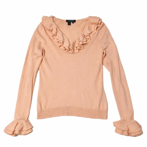 Lauren Ralph Lauren Silk Cashmere Ruffle Pink Sweater Petite Medium Green Label - Picture 1 of 8